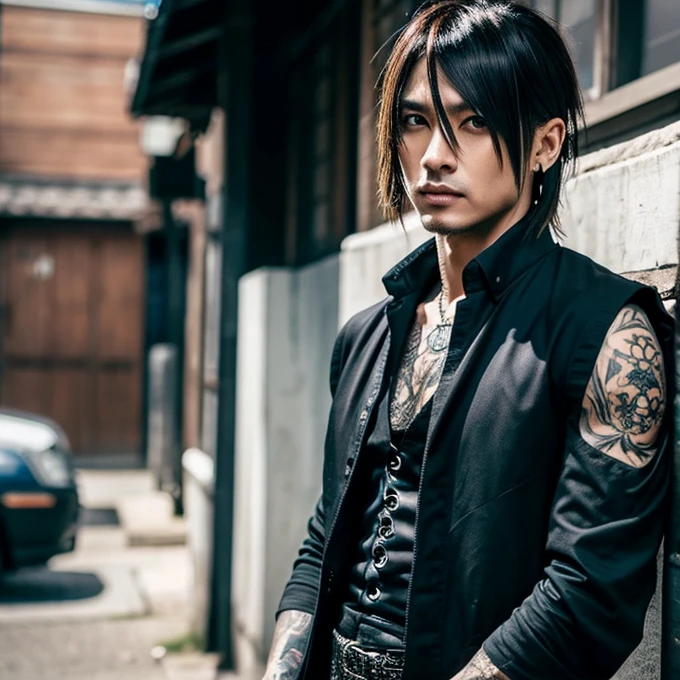 1 man, male, Japanese man, Visual Kai hairstyle, ultra detailed face and body, hyperrealistic, realistic representation, muscular, broad shoulders, tattoos gothic style, Visual Kei style, hairstyle Visual Kei, black and blond, long hair, 40 years old, age 40, outfit gothic , men's shirt and black pants, Asian eyes, eyes, Visual Kei hairstyle