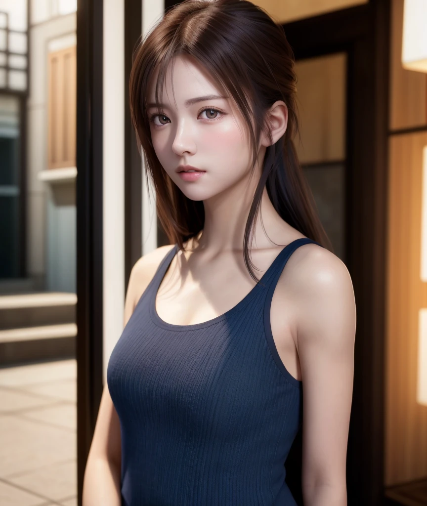 8K, of the highest quality, masutepiece:1.2), (Realistic, Photorealsitic:1.37), of the highest quality, masutepiece, Beautiful young woman, Pensive expression, Gentle eyes, sexy camisole、Hair tied back, Messy mood, Cinematic background,  Light skin tone