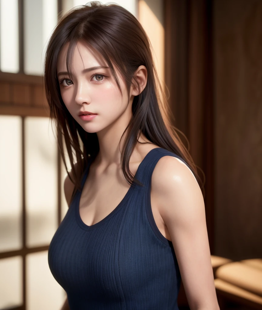 8K, of the highest quality, masutepiece:1.2), (Realistic, Photorealsitic:1.37), of the highest quality, masutepiece, Beautiful young woman, Pensive expression, Gentle eyes, sexy camisole、Hair tied back, Messy mood, Cinematic background, Light skin tone