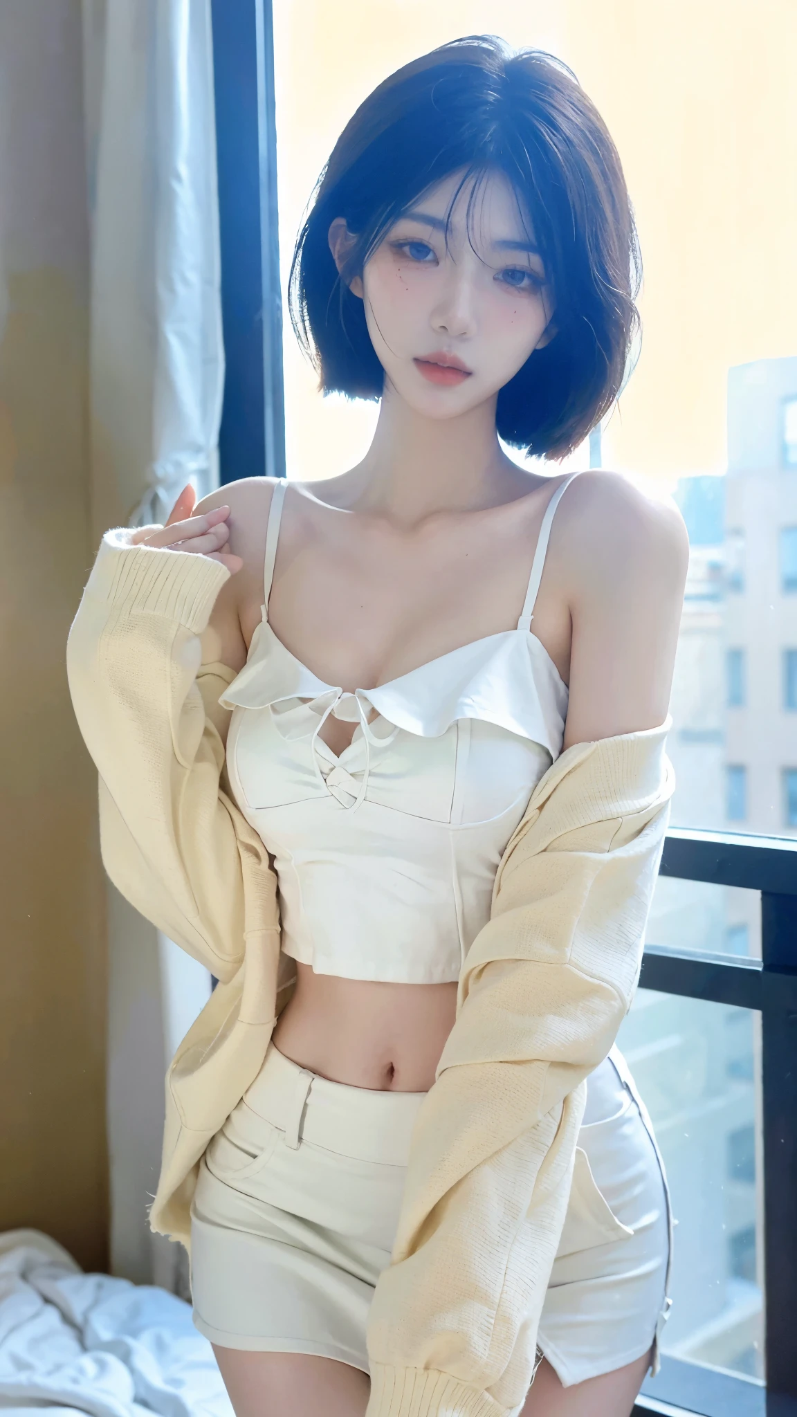 Beautiful woman with perfect figure:1.4,snow,Touching butt with both hands,snow background,Layered Hairstyle,White skin,Prominent cleavage,Pleated Skirt,whole body,Very delicate face and skin texture,Double eyelids,Skin Whitening,Long white hair