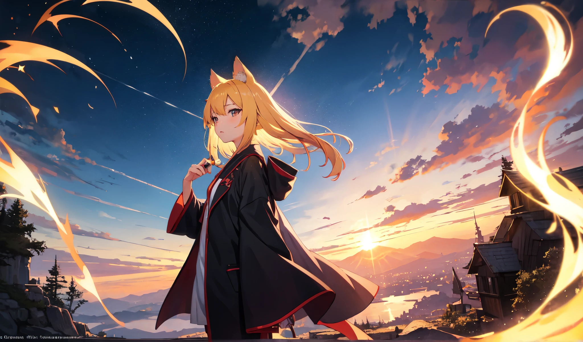 (anime)、(masterpiece:1.2),Atmospheric perspective,Lens flare、nine tailed fox、girl、cute