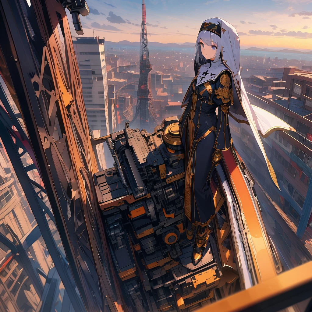 Dawn sky, (mechanical angel nun with huge gun:1.2), high altitude, huge mechanical tower, detailed background, detailed writing, 4k, UHD, absurd, ultra quality, masterpiece,