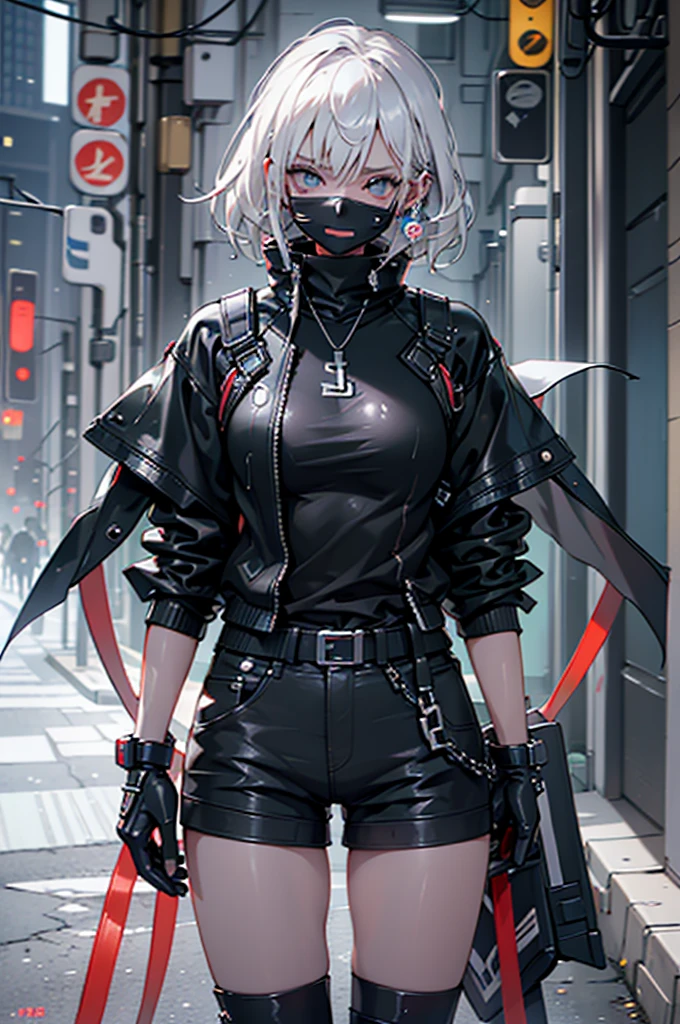 Full body Esbian、cute eyes、parts of a well-groomed face、black mask+ベロアウト付きのblack mask、（highest quality、8K resolution、masterpiece:1.3）、Focus Section： 1.2、delicate and beautiful body 1.4、is 1.2、golden short hair 1.2、chest 1.2、wet clothes 1.1、rain、street 1.3、bando dress 1.1、High definition skin texture、narrow eyes、double eyelid、Whitening skin、Shutdown 1.3、black leather jacket and black leather shorts、boots、white loose socks、female cyberpunk、Cyberpunk 20 year old model girl、夢のようなCyberpunk Girl、Digital cyberpunk art、cyberpunk、パーカーを着たCyberpunk Girl、cyberpunk beautiful girl、Cyberpunk Girl、cyberpunk art、Clear light blue eyes、Cleans the whites of your eyes。
