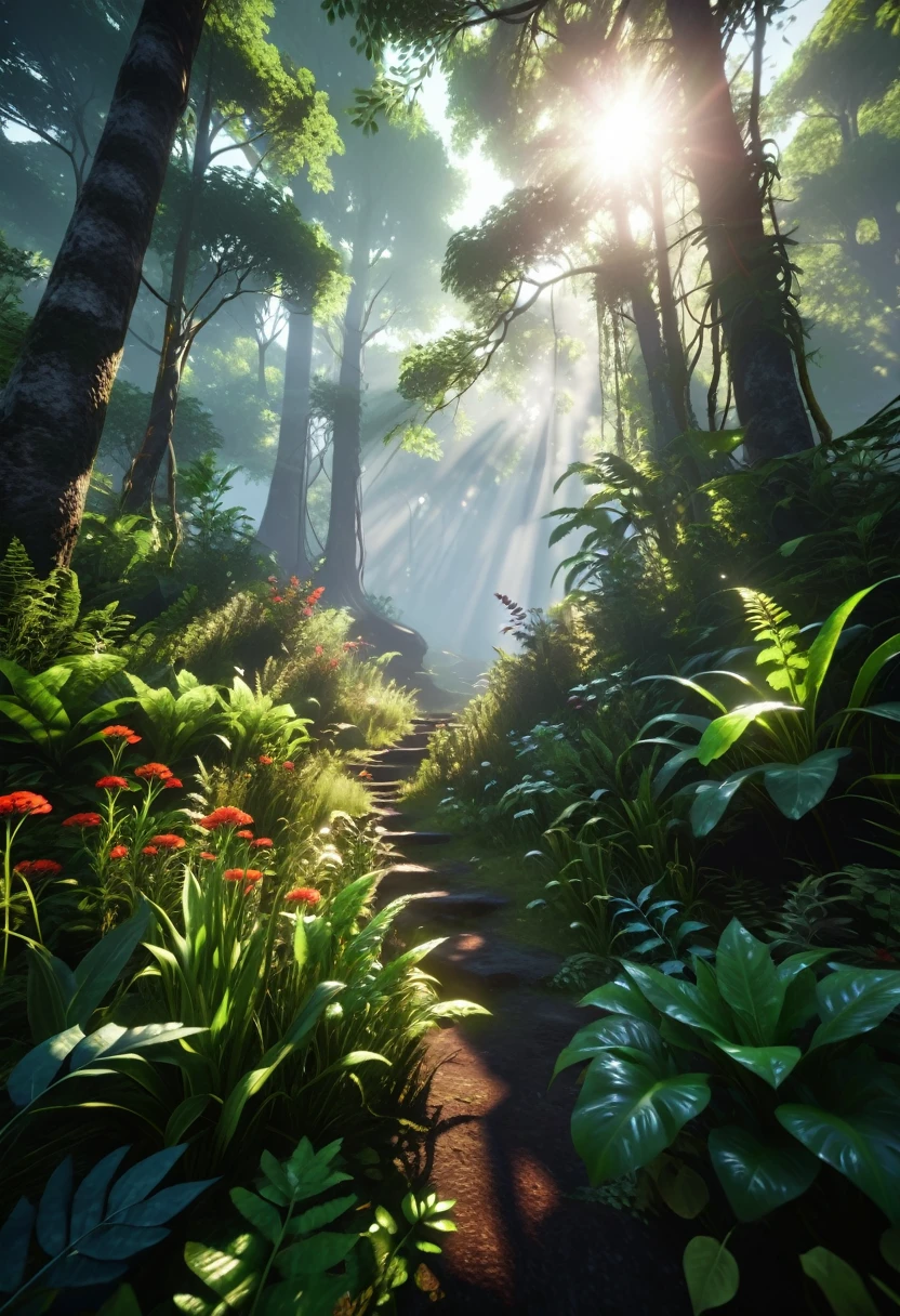 (Чрезвычайно подробные обои CG 8k Unity, piece of art, better quality, super detailed), (Better lighting, BEST SHADOWS, very gentle and beautiful), lush vegetation, Magic Mist, Hot Sun, wild plants, mysterious and enchanting dark forest
