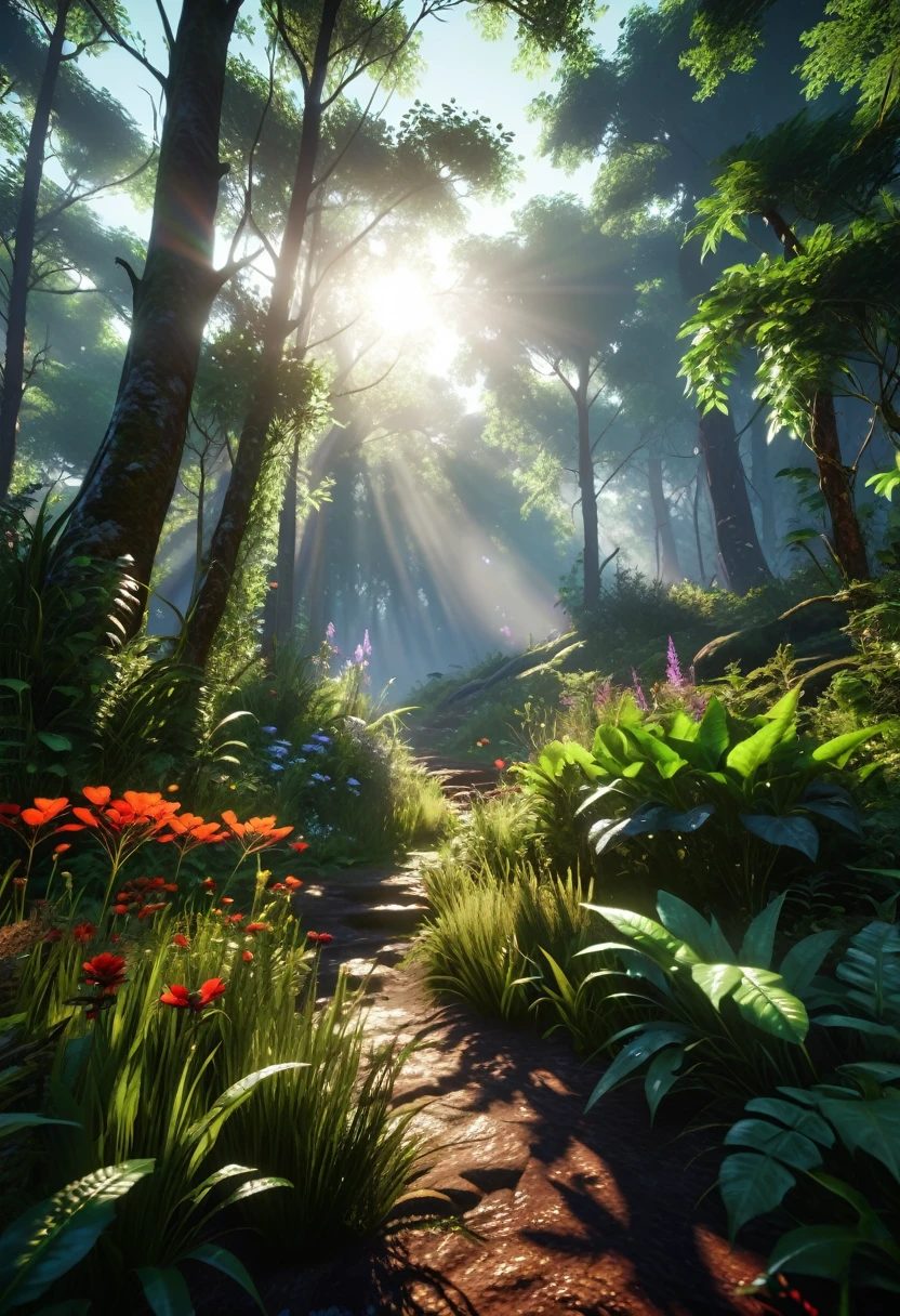 (Чрезвычайно подробные обои CG 8k Unity, piece of art, better quality, super detailed), (Better lighting, BEST SHADOWS, very gentle and beautiful), lush vegetation, Magic Mist, Hot Sun, wild plants, mysterious and enchanting dark forest
