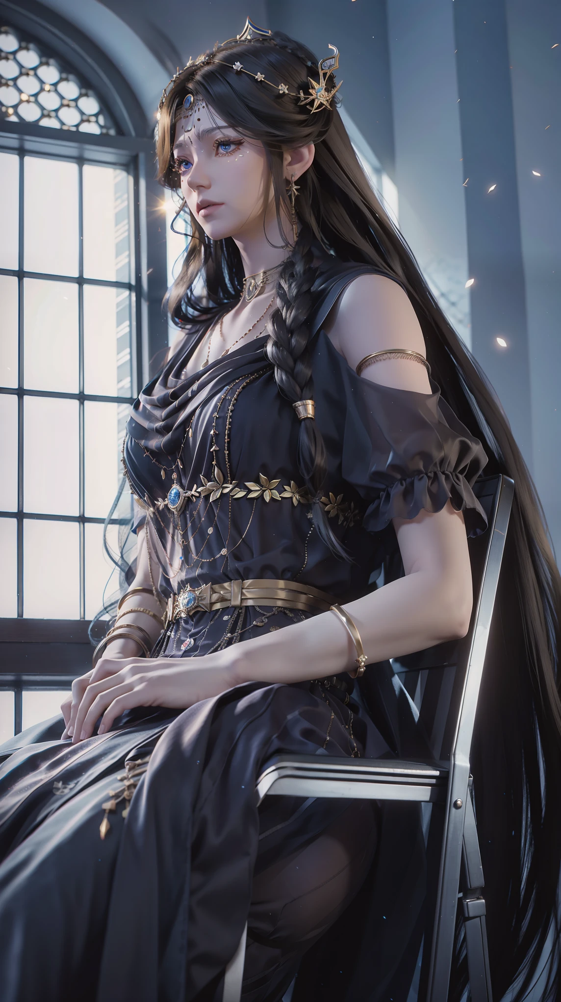 A woman in a black dress sitting on a chair in front of a window ...