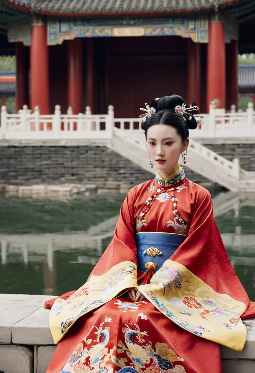 A woman seen from the front, sitting facing forward, at the Chinese imperial court during the Qing dynasty. The empress of China is wearing a crown and a red Manchu dress with a floral pattern, open at the front, exposing her chest, lower abdomen, thighs and feet.。She is wearing no underwear, and her large breasts are exposed, right down to her bare stomach. Her hair is tied up and pulled up, and the background is the stone pavement of the Chinese palace of the Qing Dynasty.