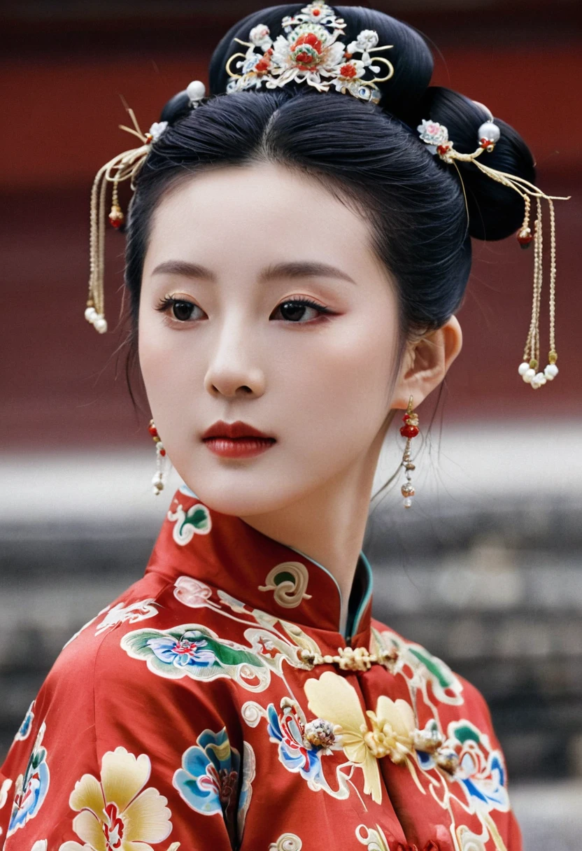 A woman seen from the front, sitting facing forward, at the Chinese imperial court during the Qing dynasty. The empress of China is wearing a crown and a red Manchu dress with a floral pattern, open at the front, exposing her chest, lower abdomen, thighs and feet.。She is wearing no underwear, and her large breasts are exposed, right down to her bare stomach. Her hair is tied up and pulled up, and the background is the stone pavement of the Chinese palace of the Qing Dynasty.