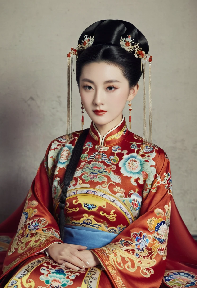 A woman seen from the front, sitting facing forward, at the Chinese imperial court during the Qing dynasty. The empress of China is wearing a crown and a red Manchu dress with a floral pattern, open at the front, exposing her chest, lower abdomen, thighs and feet.。She is wearing no underwear, and her large breasts are exposed, right down to her bare stomach. Her hair is tied up and pulled up, and the background is the stone pavement of the Chinese palace of the Qing Dynasty.