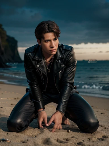 a handsome man in a black leather jacket and leather pants with chains, kneeling on the beach and facing the viewer, hands in pockets, a bad boy idol, highly detailed realistic portrait, cinematic lighting, dramatic colors, 8k, hyperrealistic, dramatic chiaroscuro, sharp focus, photorealistic, professional photography, stunning natural background, beautiful sunny day, Kim Namjoon, BTS,