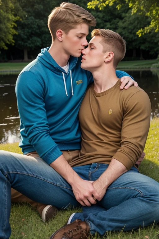 Two men, photo realistic. A 16-year-old, handsome, lean man with short-cut, blond hair and blue eyes, wearing a brown sweatshirt, and khaki pants, sitting in the lap of a 17-year-old, handsome, athletic, Caucasian man with short, shaved brown hair, and blue eyes, wearing a blue and yellow jersey, and jeans, kissing, groping each other, laying on a grassy field, by a pond in a large city park, at night. Masculine, erotic, sexy, romantic, love, huge bulge.