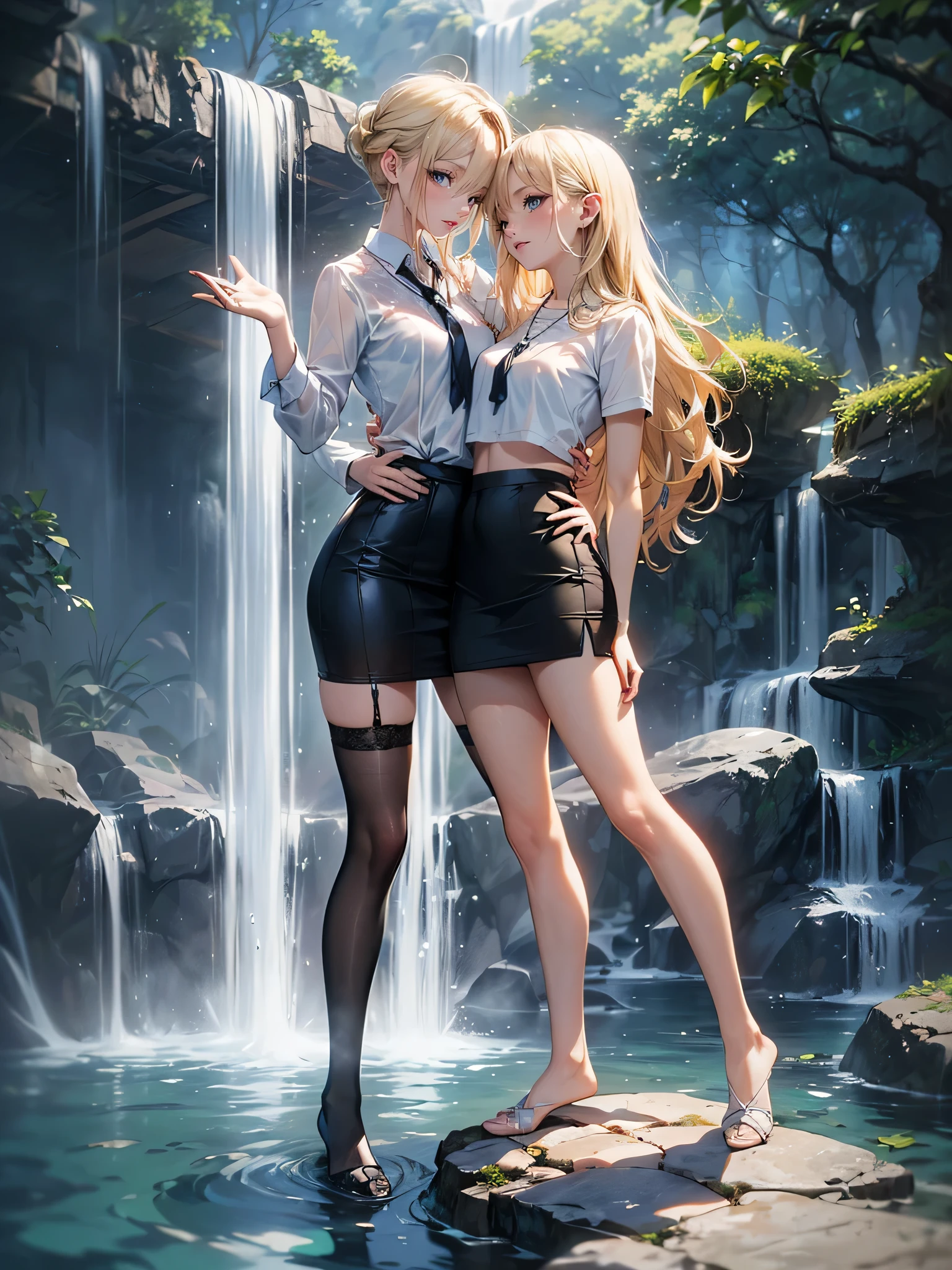 ((Biologically correct limb count)),(( From head to toe,Full-body photo including face)),4K,((Standing position)),masterpiece,((Focus on the face)),((Symmetrical facial features)),Eyes with detailed description,Beautiful woman,Great style,Beautiful arms,Beautiful legs,Beautiful Hands,(Small Ass,Thin thighs,(Black Stockings)),Detailed depiction of the face,Small earrings,necklace,(uniform、Black Long Pencil Skirt,((evening,Kneel、waterfall、Dancing in the water、splashes rise)),((Blonde)),Focus on the face,Dripping Water,The mist creates a fantastic atmosphere,(See-through clothing)
