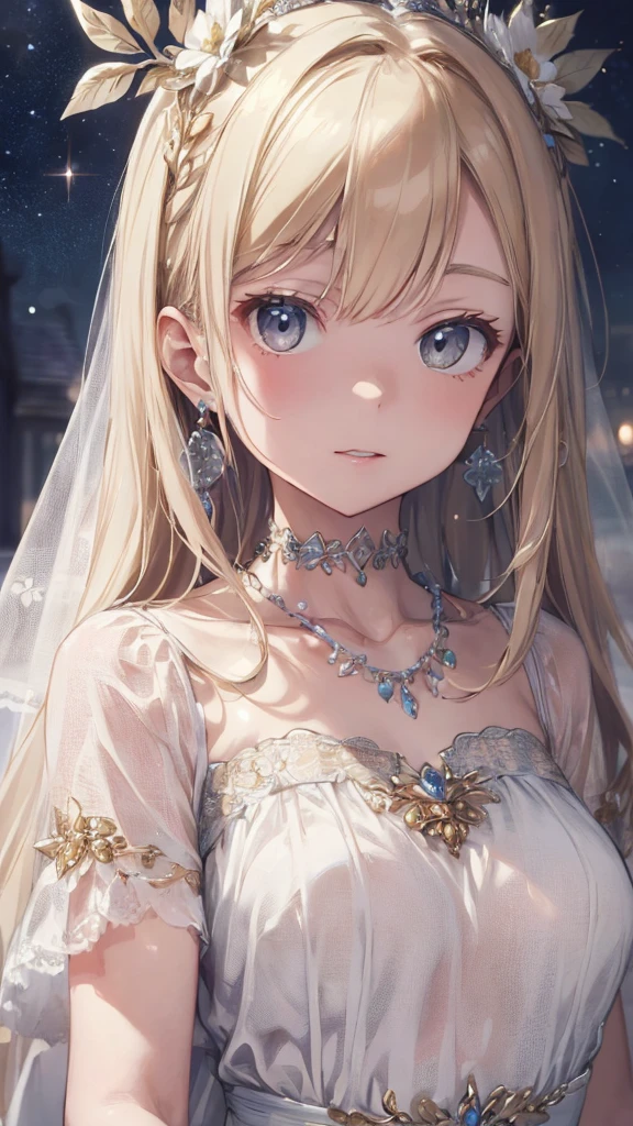 (masterpiece,best quality:1.4),detailed background,white crystal,crystal clusters,long hair,jewelry,earrings,necklace,crown,bride,white hair,halo