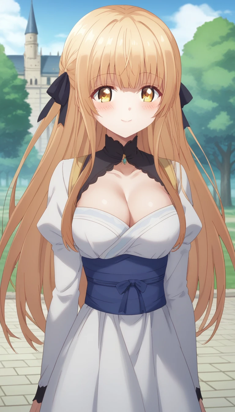 score_9, score_8_up, score_7_up, rating_explicit, 1girl, solo, MahiruShiina, otonari no tenshi-sama ni itsu no mani ka dame ningen ni sarete ita ken, shiina mahiru \(otonari no tenshi-sama\), yellow eyes, blonde hair, hair ribbon, long hair, straight hair, medium breasts, cleavage, puffy sleeves, sash, looking at viewer, outdoors, castle, daytime, blush, smile, closed mouth