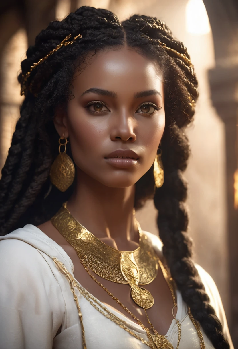 1 woman, inside a medieval castle, wearing a white medieval outfit, gold bracelets on her arm, gold earrings, gold necklaces on her neck, detailed facial features, feminine brown eyes, detailed deep/dark skin color, long curly black hair with small afro braids, dramatic lighting, cinematic composition, warm palette, sunlight, warm colors afro features, atmospheric dark fog, thin chin, soft face, beautiful and dark woman (best quality, 4K, 8K, high resolution, art: 1.2), ultra detailed (realistic, photorealistic, photorealistic: 1.37)