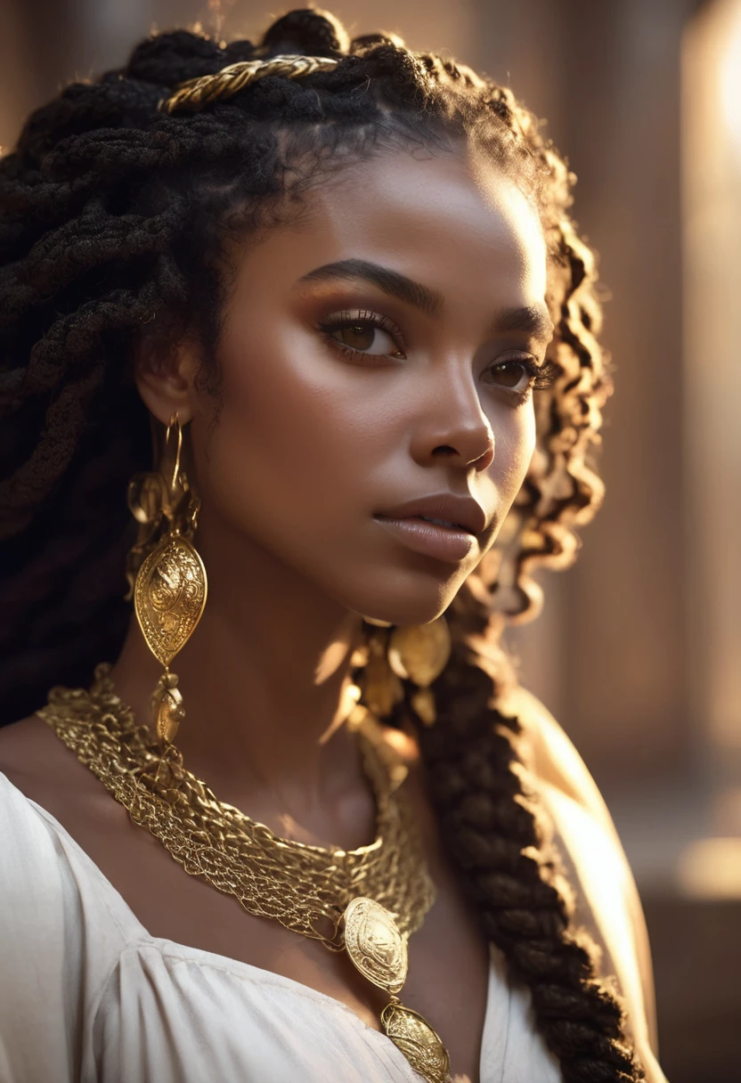 1 woman, inside a medieval castle, wearing a white medieval outfit, gold bracelets on her arm, gold earrings, gold necklaces on her neck, detailed facial features, feminine brown eyes, detailed deep/dark skin color, long curly black hair with small afro braids, dramatic lighting, cinematic composition, warm palette, sunlight, warm colors afro features, atmospheric dark fog, thin chin, soft face, beautiful and dark woman (best quality, 4K, 8K, high resolution, art: 1.2), ultra detailed (realistic, photorealistic, photorealistic: 1.37)