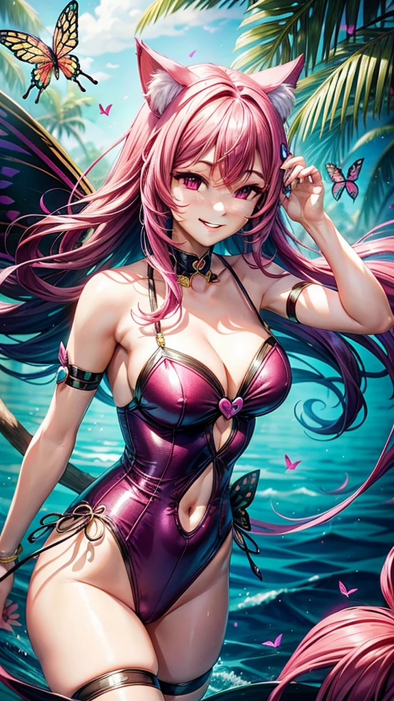 Magenta hair, older woman, cat ears, long hair, smiling face, sexy outfit, butterflies, floating hearts, tropical background, teal, pink, and gold dress clothes 