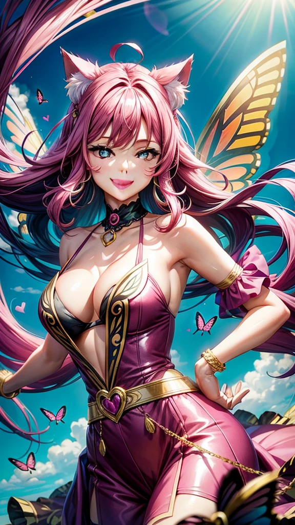 Magenta hair, older woman, cat ears, long hair, smiling face, sexy outfit, butterflies, floating hearts, tropical background, teal, pink, and gold dress clothes