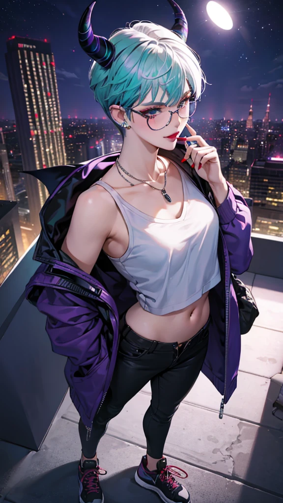 8k, masterpiece, best quality, highly detailed, 1 girl, tiefling, warlock, pixie cut, multicolored hair, very short straight hair green highlight hair on white hair, strippled hair, wearing glasses, round glasses, sexy, earrings, navel piercing, red eyeshadow, long eyelashes, blushed cheek, red lips, necklace, rings, collarbone, mole on face, glamorous, wearing large jacket, teal clothing, purple clothes, smirk, halfbody view, rings, looking at viewer, demon horns, solo, city, nighttime, sitting, white shirt, sneakers, short pants, black legging, athletic.