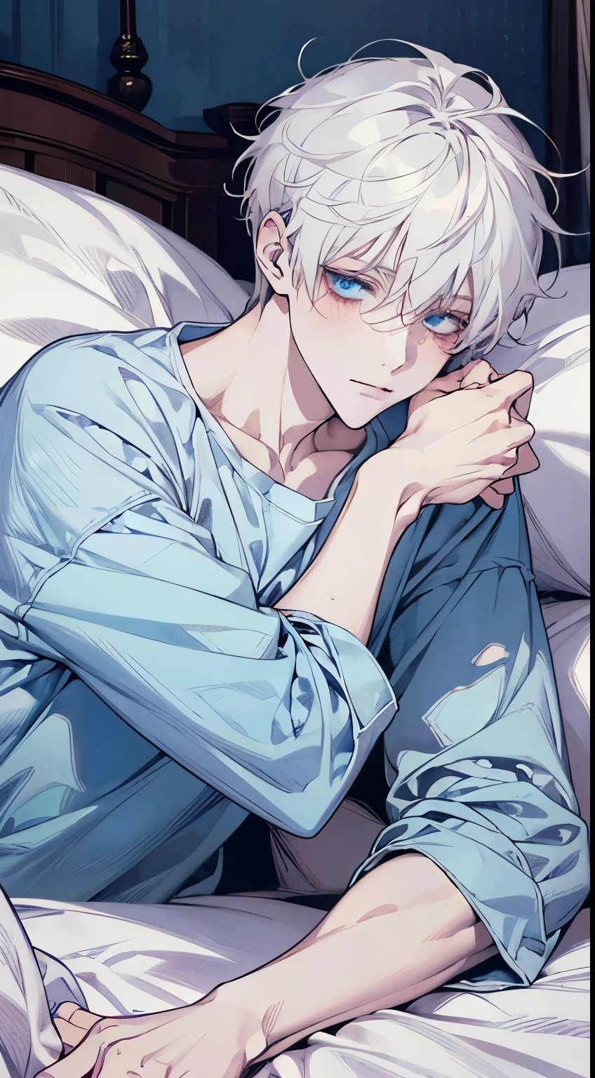 perfect anatomy, pale skin, anime illustration, 1 boy, ((highest quality)), ((masterpiece)), (get used to it), perfect face, white soft messy short hair, blue eyes, sleepy, wearing pijama, cute effect in background, tempting, attractive, in bed, upper body, solo, viewed from many different angles," (full HD 4K+ image)"