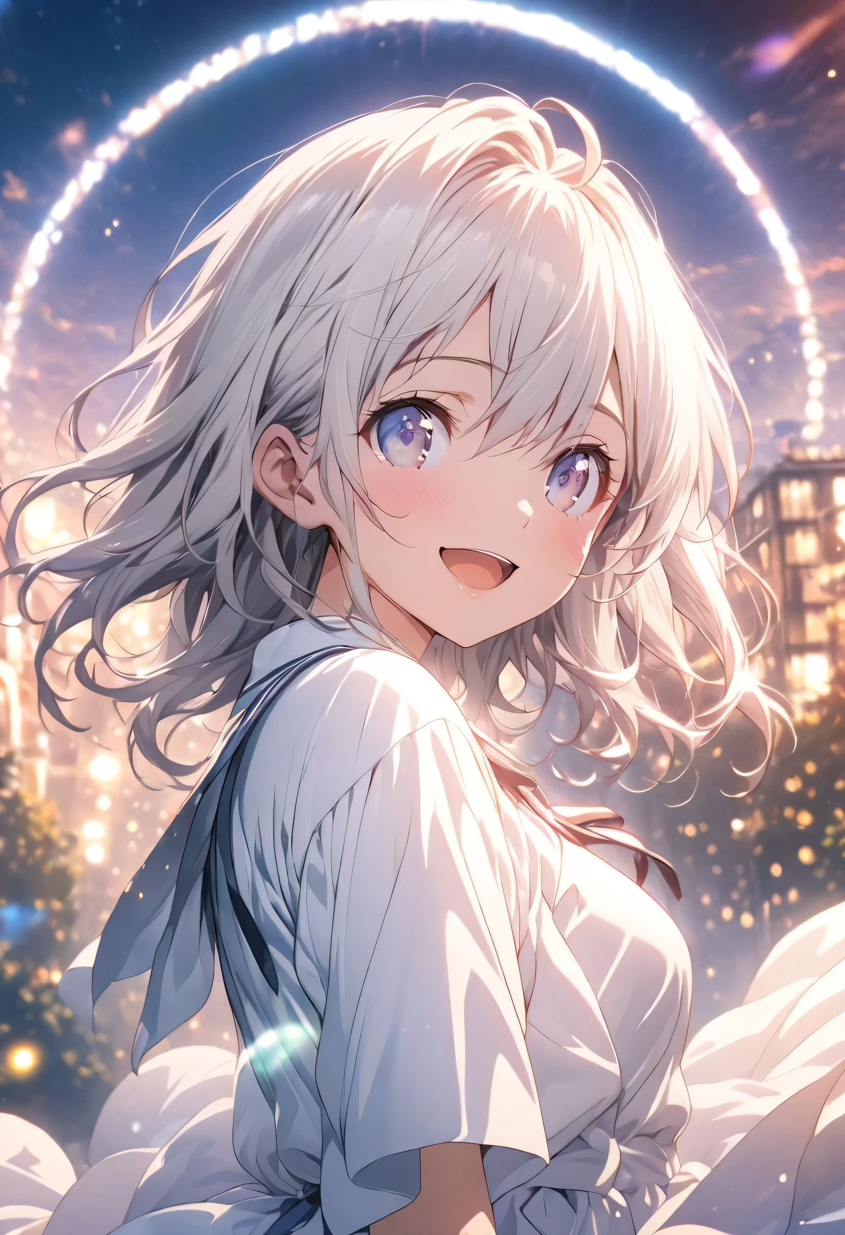 masterpiece, Highest quality, Highly detailed CG Unity 8K wallpapers, High Girl Anime Illustration. Please wear a small dress., The index fingers of both hands, She has her eyes open and her mouth open, smile. Silver Hair, black eye, twins, Bokeh Photo, (Soft Focus):1.2, Out of focus highlights, Dreamy atmosphere, Glowing circle, Fascinating Depth, The background is a realistic urban landscape,Look up from a low angle