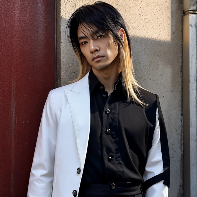1 man, male, Japanese man, Visual Kai hairstyle, ultra detailed face and body, hyperrealistic, realistic representation, muscular, broad shoulders, Visual Kei style, hairstyle Visual Kei, black and blond, long hair, 40 years old, age 40, outfit gothic , men's shirt and black pants, Asian eyes, eyes, Visual Kei hairstyle