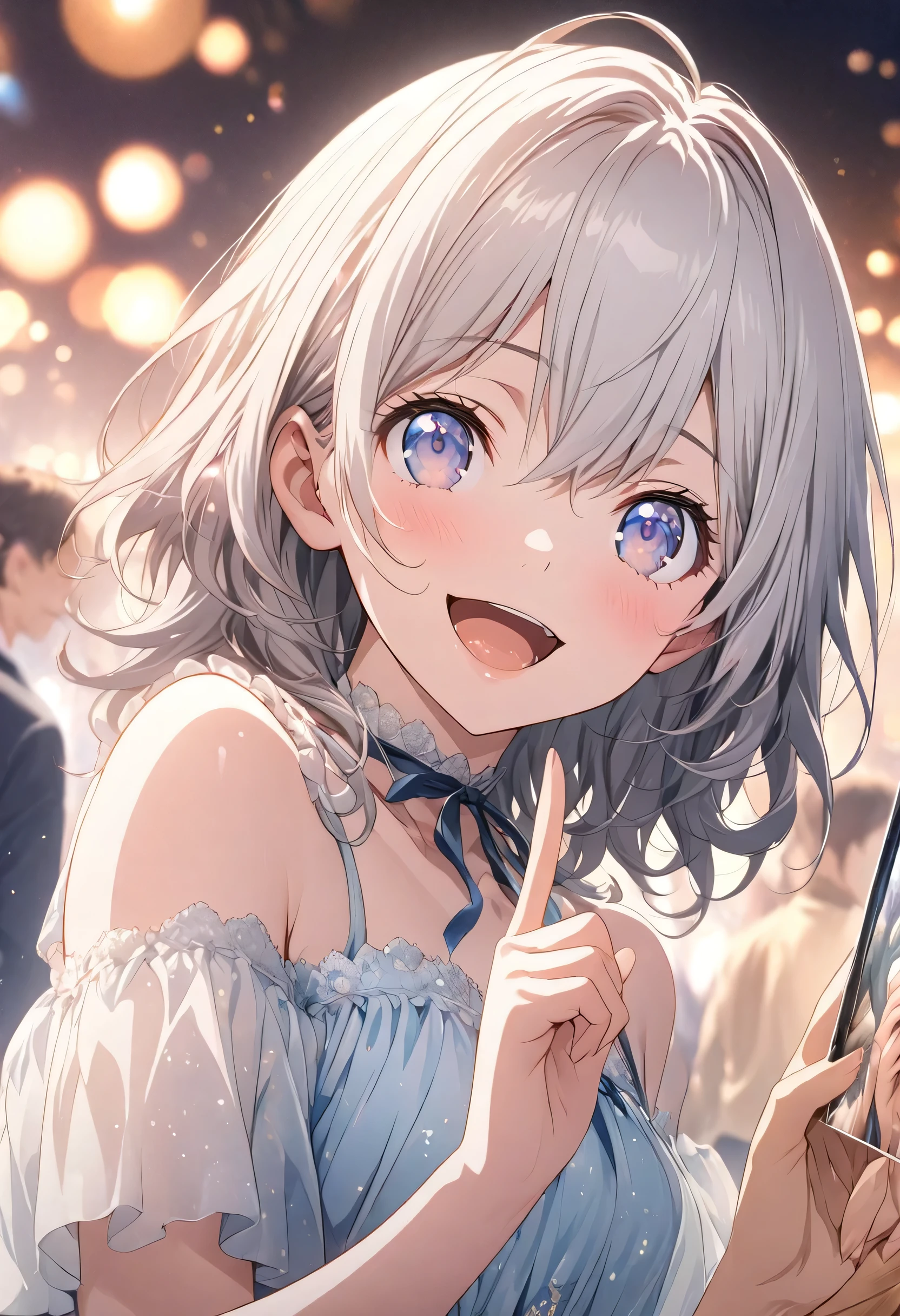 masterpiece, Highest quality, Highly detailed CG Unity 8K wallpapers, High  Girl Anime Illustration. Please wear a small dress., The index fingers of both hands, She has her eyes open and her mouth open, smile. Silver Hair, black eye, twins, Bokeh Photo, (Soft Focus):1.2, Out of focus highlights, Dreamy atmosphere, Glowing circle, Fascinating Depth, The background is a realistic urban landscape,Look up from a low angle