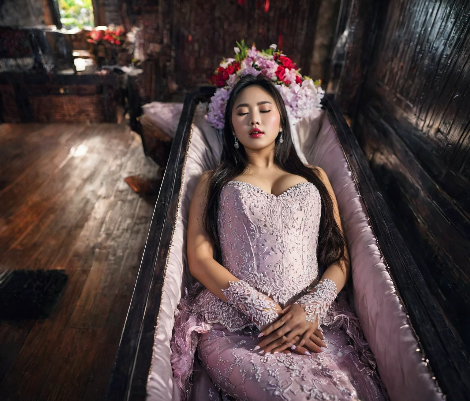 In a striking 8K HDR scene, a stunning Korean woman, 22 years old, lies peacefully in a black coffin surrounded by plush pillows. The deep box is set against a rich black background, accentuating the beauty of the subject. Her exquisite deep-V neckline kebaya attire is embroidered with superb detail, showcasing her round and firm breasts, perfect cleavage, and beautiful eyebrows. Her closed eyes and mouth give an air of serenity, while her visible and absolute cleavage leave nothing to imagination. The scene is bathed in saturated colors, highlighting every intricate aspect from the ball skirt to her clean face, straight body, detailed hand perfect hands, straight body, own hands together, own hand on stomach, detailed hands, perfect hands, closed mouth.