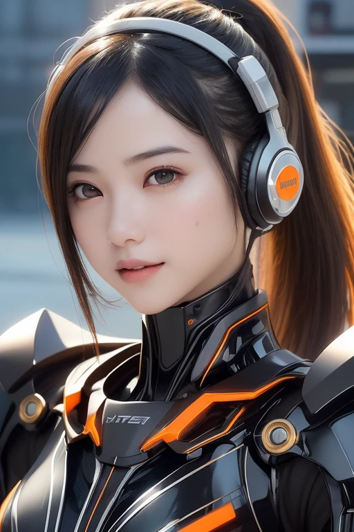 Top Quality, Masterpiece, Ultra High Resolution, (Photorealistic: 1.4), Raw Photo, 1 Girl, Black Hair, Glossy Skin, 1 Mechanical Girl, (((Ultra Realistic Details)), Portrait, Global Illumination, Shadows, Octane Rendering, 8K, Ultra Sharp, Intricate Ornaments Details, realistic skin, sweat effect, ((wearing Headphone)), very intricate detail, realistic light, CGSoation trend, brown eyes, glowing eyes, matte black and glossy orange mechanical bodysuit, Long hair, black hair, Ponytail hair, Half body shot, spaceship bridge background, dynamic pose, cute smile, close up, Open Mouth, 