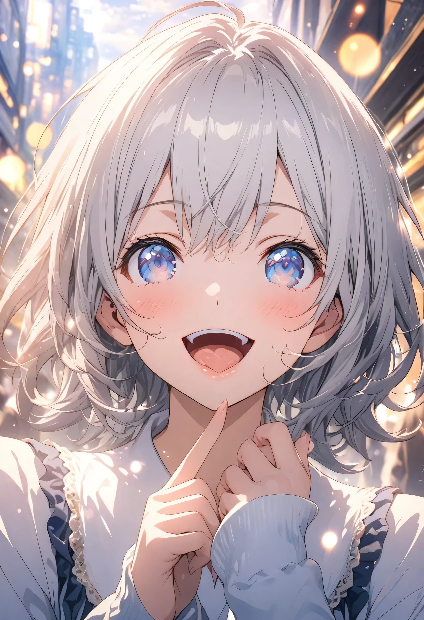 masterpiece, Highest quality, Highly detailed CG Unity 8K wallpapers, High School Girl Anime Illustration. Please wear a small dress., The index fingers of both hands, She has her eyes open and her mouth open, smile. Silver Hair, black eye, twins, Bokeh Photo, (Soft Focus):1.2, Out of focus highlights, Dreamy atmosphere, Glowing circle, Fascinating Depth, The background is a realistic urban landscape,Look up from a low angle