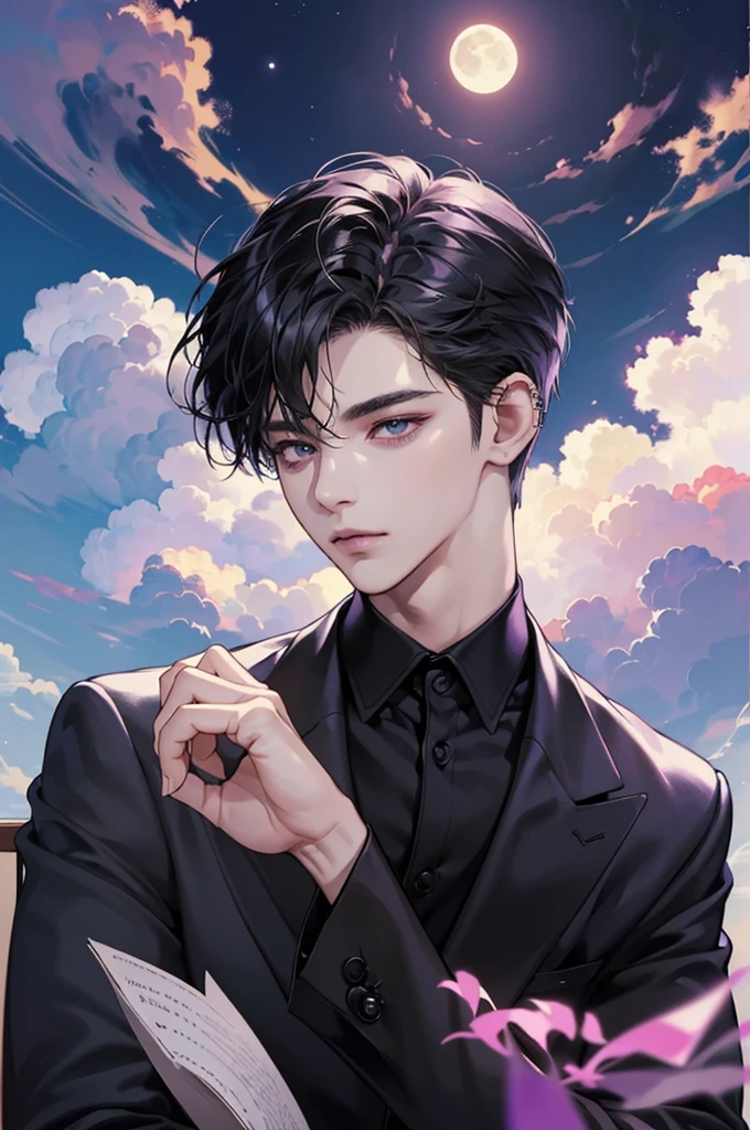 (best quality、8k,absurd,Top Rated,portrait,Short hair, 매우 Short hair,piercing、Beautiful Men、dark fantasy、Birthday background based on black、He is sitting in a suit with a purple shirt and black jacket、perfect hands, moon, cloud