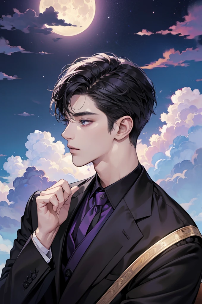 (best quality、8k,absurd,Top Rated,portrait,Short hair, 매우 Short hair,piercing、Beautiful Men、dark fantasy、Birthday background based on black、He is sitting in a suit with a purple shirt and black jacket、perfect hands, moon, cloud