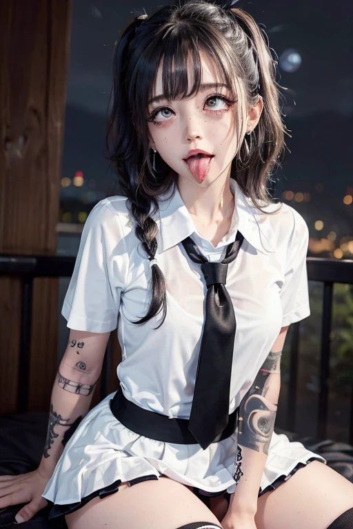 high quality, detailed,(at night:2.0),(in the park,in the park),very wet,she is 13 years old and junior high school girl wearing very very wet and very transparent short sleeve white shirt and a tie,plaid skirt,(wearing black overknee socks),(hair up),a mole under the eye,(tounge out,tounge out tounge out),(blushing:1.4),the whole body,the whole body,she has a lot of earrings,tattoo,tattoo,detailed background,ecstasy,orgasm,tattoo,seducing,temptation,nipples,childish body,