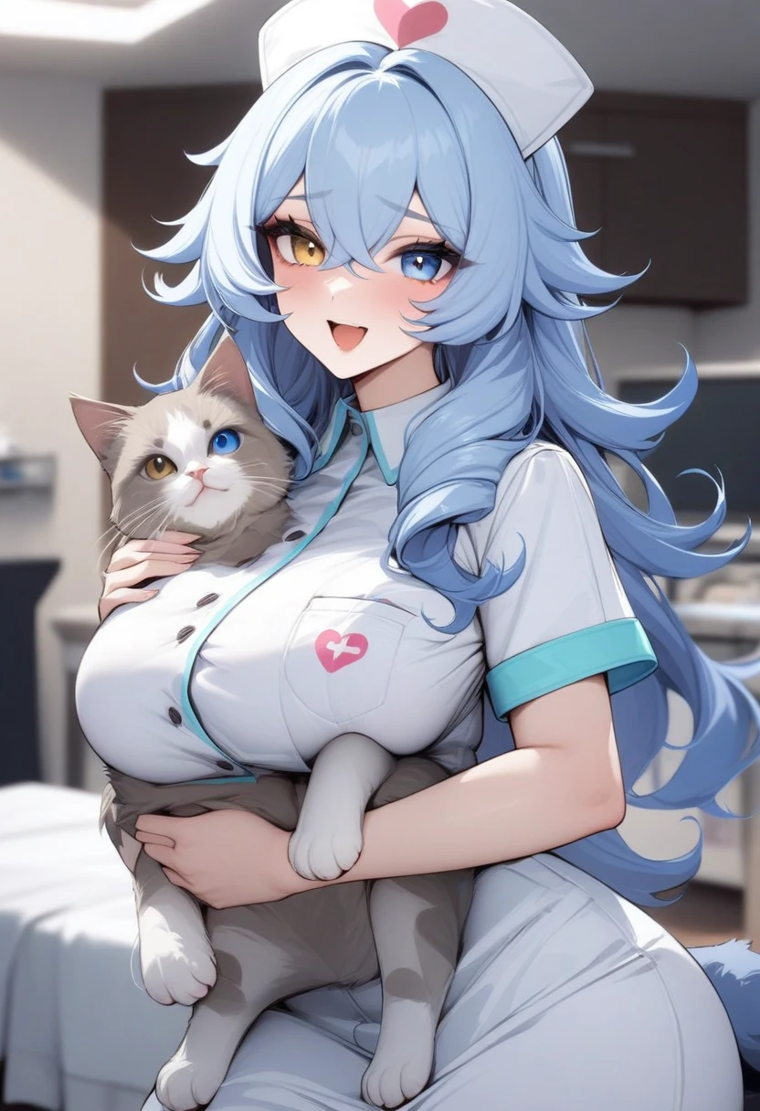 masterpiece, best quality, very aesthetic, absurd, 1 Girl, Adult,Nurse_clothing, Nurse_have,Heart,Holding a cat,,indoors,At the Animal Hospital,,Forrina(Genshin Impact), Heterochromia,Caucasian hair,blue eyes,,Blurred Background,background defocusing,