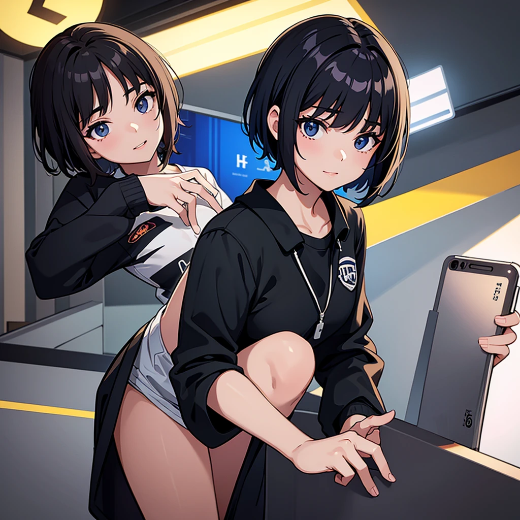 : 1.3, Short black hair: 1.2, Casual wear: 1.2, Daytime: 1.2,On campus: 1.2,Wearing uniform:1.2, Play game 1 on your phone.2,Happiness 1.2,Cinema Lighting, Surrealism, Hyper HD, Accurate, Super Detail, Textured skin, Attention to detail, Highest quality, 8k,information