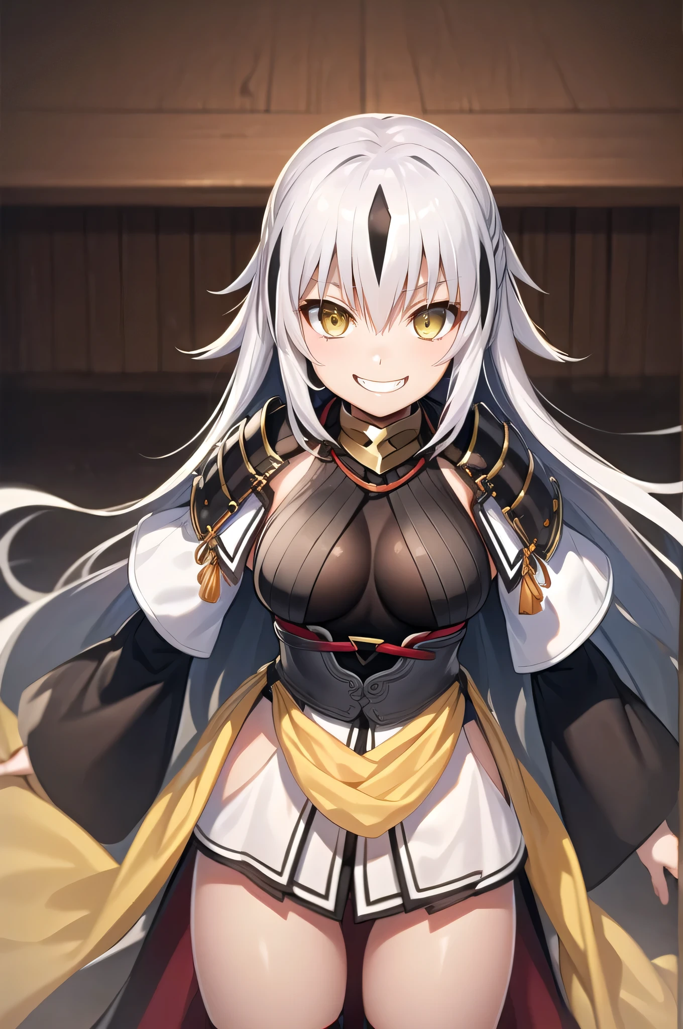 (masterpiece, Highest quality:1.2)、1 female、Kagetora Nagao、solo、Grin、Wicked Smile、Cowboy Shot、View your viewers、Silver Hair、Long Hair、Yellow Eyes、Female focus、Black Shirt、Shoulder Armor、capelet、Big Breasts、A woman with very large breasts、Wide sleeves、Yellow sash 、Black knee socks、