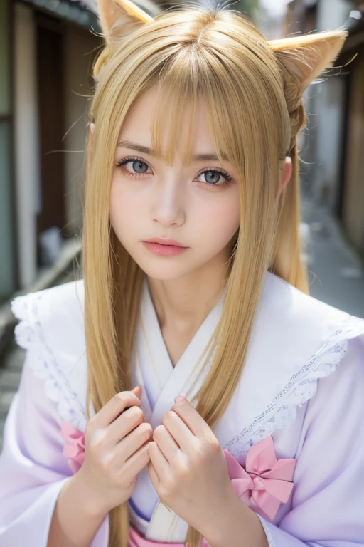 ((Beautiful blonde hair))、((Beautiful blonde))、Small fox ears、one girl, (a beauty girl, delicate girl:1.3), (12 years old, change:1.3), break,((Shrine maiden costume)),(Brown fox ears) break, Definition of Very Fine Particles, (Symmetrical eyes:1.3), break, (alley, Kyoto:1.3), perfectly trimmed fingers, break, ((Beautiful medium milk)), Brown eyes, Parted bangs, Brown Hair, girl, break, (Eye and facial details:1.0), break, (masterpiece, Highest quality, Very detailed, Detailed face, 8k)