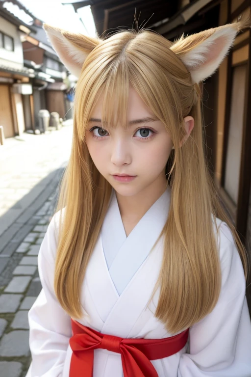 ((Beautiful blonde hair))、((Beautiful blonde))、Small fox ears、one girl, (a beauty girl, delicate girl:1.3), (12 years old, change:1.3), break,((Shrine maiden costume)),(Brown fox ears) break, Definition of Very Fine Particles, (Symmetrical eyes:1.3), break, (alley, Kyoto:1.3), perfectly trimmed fingers, break, ((Beautiful medium milk)), Brown eyes, Parted bangs, Brown Hair, girl, break, (Eye and facial details:1.0), break, (masterpiece, Highest quality, Very detailed, Detailed face, 8k)