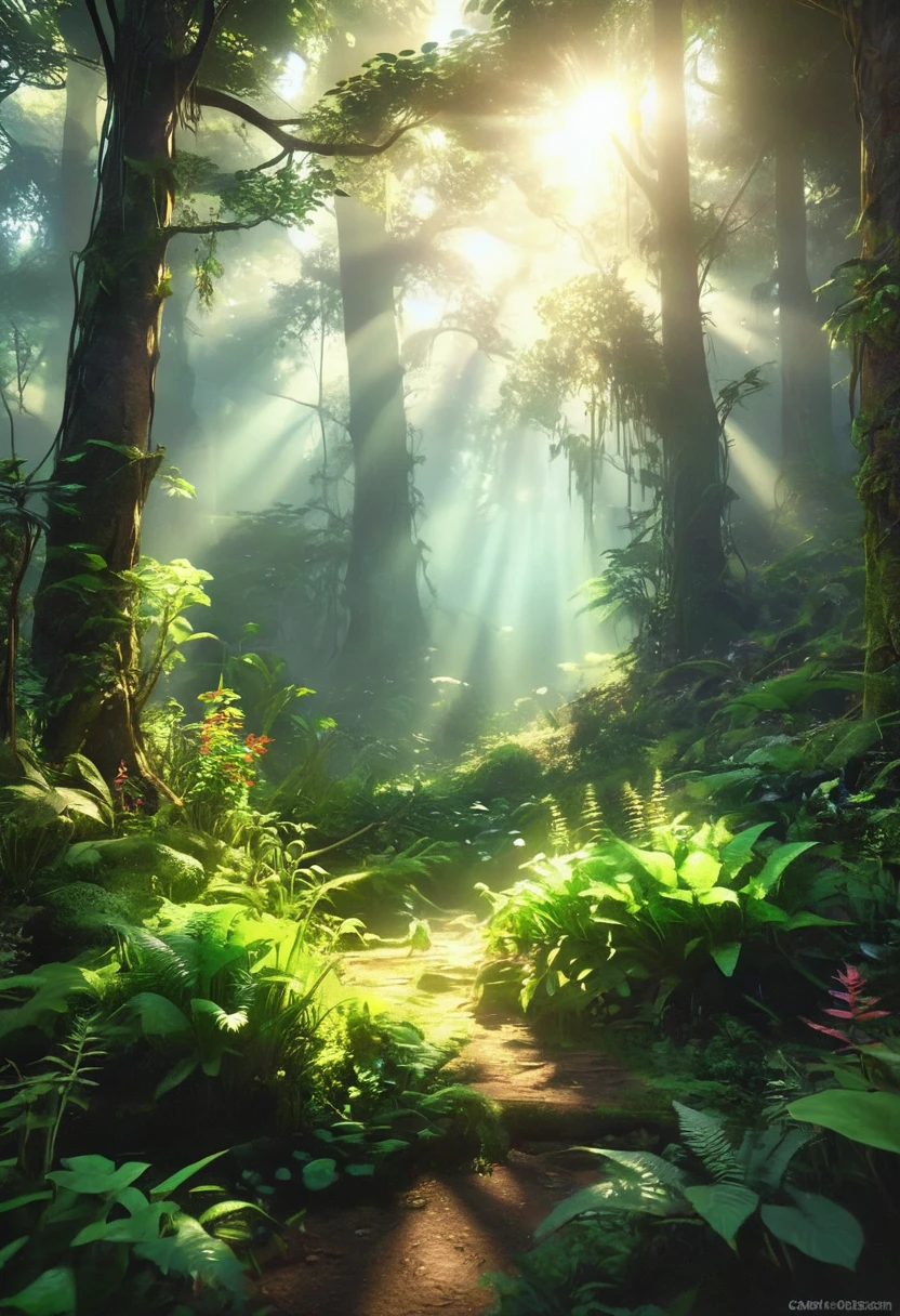 (Чрезвычайно подробные обои CG 8k Unity, piece of art, better quality, super detailed), (Better lighting, BEST SHADOWS, very gentle and beautiful), lush vegetation, Magic Mist, Hot Sun, wild plants, mysterious and enchanting dark forest