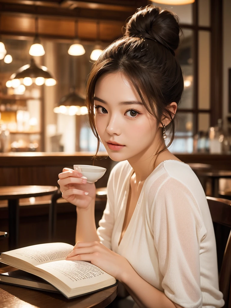 Ultra high definition、Portrait、Beautiful woman、A woman with a bun reads a book in a cafe。
