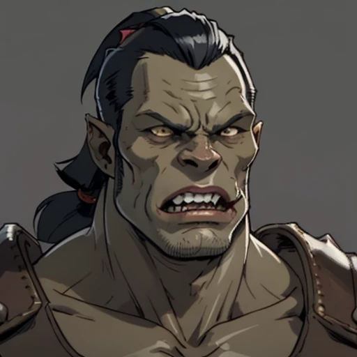 (masterpiece), (best quality),(portrait),(bust up),1boy,solo,(sharp focus),orc,muscular,(ancient:1),ancient luxurious long clothes,pony tail,old school fantasy art,((simple background)),super shiny face,Ultra Glossy skin,(teeth),orczor,mazoga,orc teeth,extra teeth,yazangable,1man,