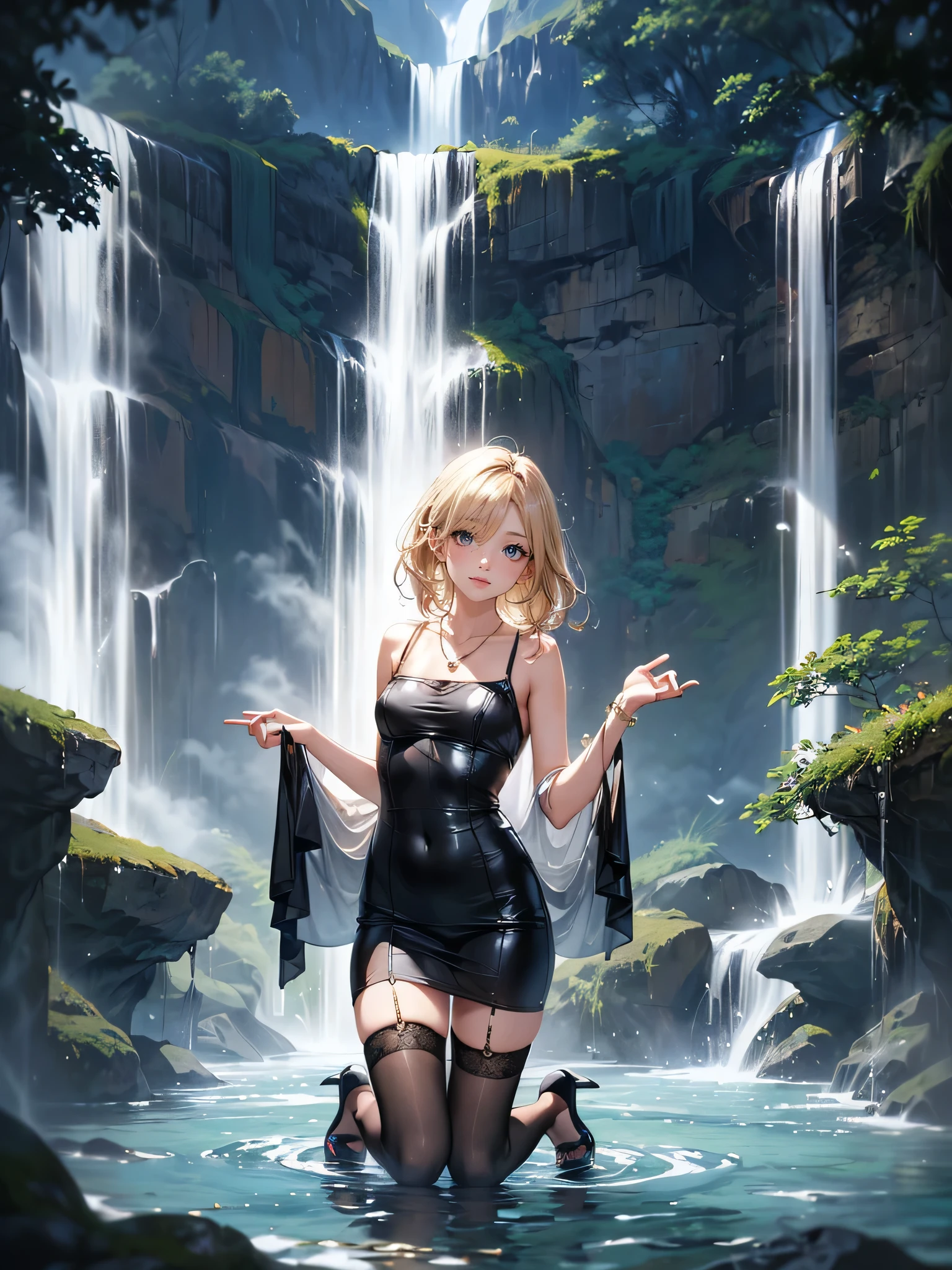 ((Biologically correct limb count)),(( From head to toe,Full-body photo including face)),4K,((Standing position)),masterpiece,((Focus on the face)),((Symmetrical facial features)),Eyes with detailed description,Beautiful woman,Great style,Beautiful arms,Beautiful legs,Beautiful Hands,(Small Ass,Thin thighs,(Black Stockings)),Detailed depiction of the face,Small earrings,necklace,(Casual clothing、High heels、Long skirt,((evening,Kneel、waterfall、Dancing in the water、splashes rise)),((Blonde)),Focus on the face,Dripping Water,The mist creates a fantastic atmosphere,(See-through clothing)