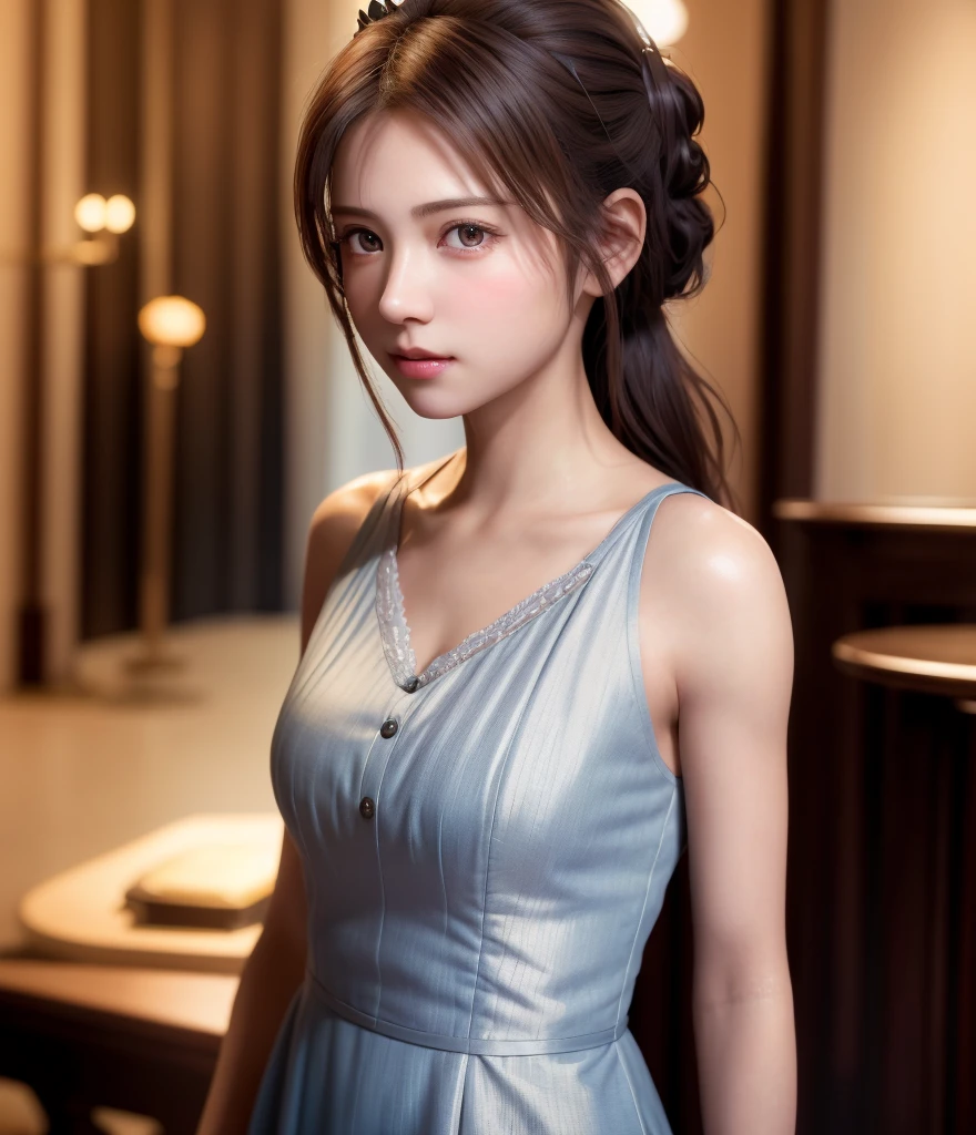 8K, of the highest quality, masutepiece:1.2), (Realistic, Photorealsitic:1.37), of the highest quality, masutepiece, Beautiful young woman, Pensive expression,、A charming、and an inviting look, Cute Maid Clothes, Hair tied back, Cinematic background, Light skin tone