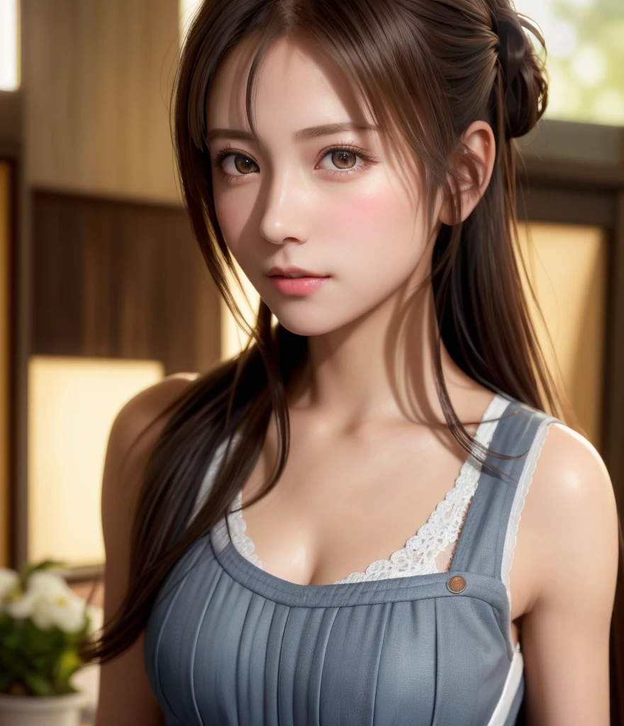 8K, of the highest quality, masutepiece:1.2), (Realistic, Photorealsitic:1.37), of the highest quality, masutepiece, Beautiful young woman, Pensive expression,、A charming、and an inviting look, Cute Maid Clothes, Hair tied back, Cinematic background, Light skin tone