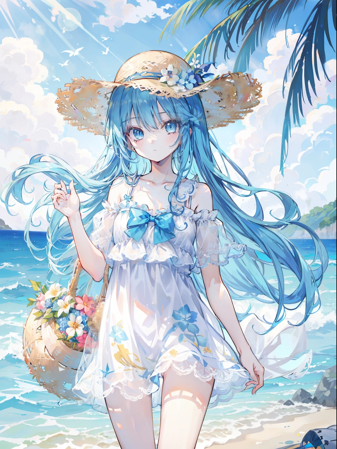 tmasterpiece,HighestQuali,1girll,lightblue hair,long whitr hair,blue color eyes,swim wears,nabel,Straw Hat Hat,florals,beachside,rays of sunshine