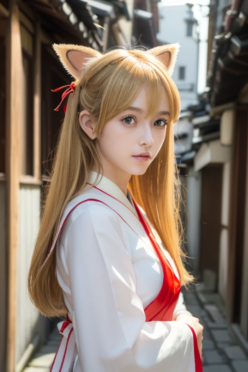 ((Beautiful blonde hair))、((Beautiful blonde))、Small fox ears、one girl, (a beauty girl, delicate girl:1.3), (12 years old, change:1.3), break,((Shrine maiden costume)),(Brown fox ears) break, Definition of Very Fine Particles, (Symmetrical eyes:1.3), break, (alley, Kyoto:1.3), perfectly trimmed fingers, break, ((Beautiful medium milk)), Brown eyes, Parted bangs, Brown Hair, girl, break, (Eye and facial details:1.0), break, (masterpiece, Highest quality, Very detailed, Detailed face, 8k)