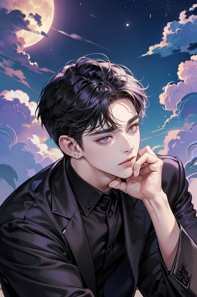(best quality、8k,absurd,Top Rated,portrait,Short hair, 매우 Short hair,piercing、Beautiful Men、dark fantasy、Birthday background based on black、He is sitting in a suit with a purple shirt and black jacket、moon, cloud