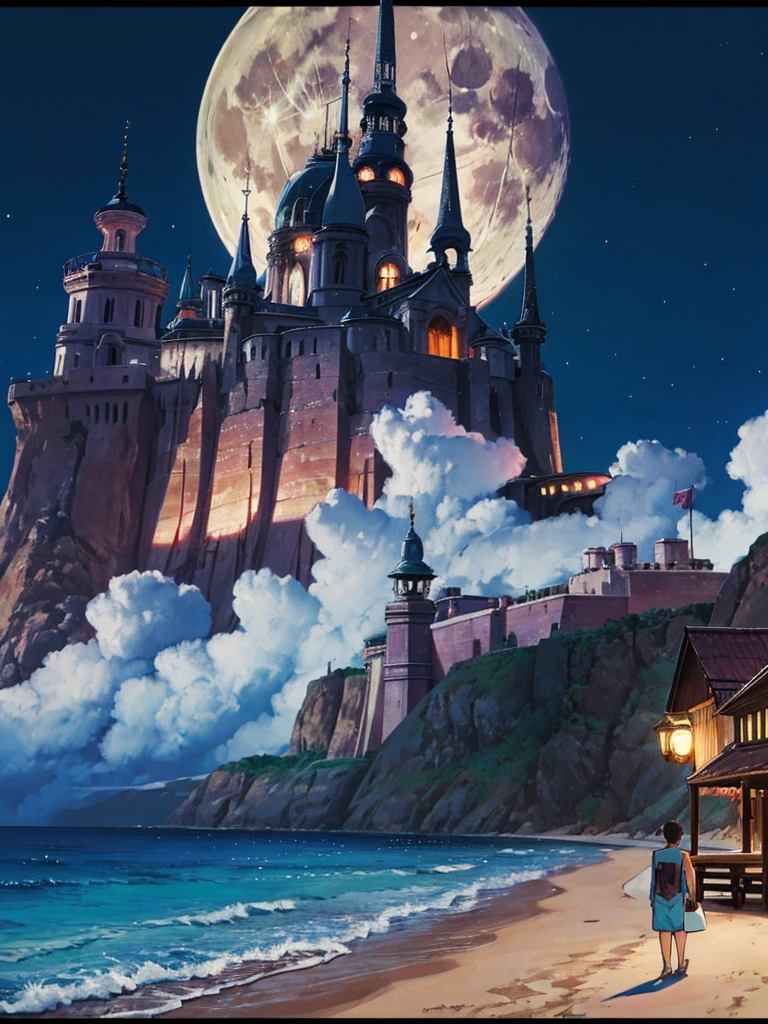 high resolution、High quality、Romantic and fantastical scene、Night beach and full moon、Male and female characters holding hands