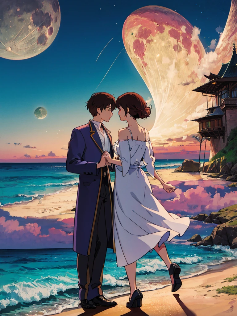 high resolution、High quality、Romantic and fantastical scene、Night beach and full moon、Male and female characters holding hands