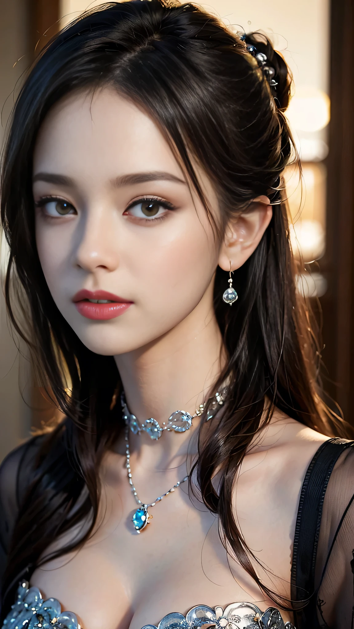 ((masterpiece:1.4)、(Highest quality:1.4)、(Realistic:1.7))、Masterpiece:1.4、Pretty Girl 0.3、(1 Girl:1.4)、pretty girl、(Portrait Photography:1.4)、(Close-up photo:1.7)、(An outfit that emphasizes beautiful breasts:1.4)、Sharp focus:1.5、Detailed eyes、double eyelid、{Long Hair}、Beautiful woman with perfect figure:1.4、Perfect proportions:1.4、(Anatomically correct body shape:1.4)、well-proportioned and beautiful udder:1.2、Upper body photo shoot:1.2、Beautiful expression、Resistance、Dark Background、ponytail、Nikon SLR D6、Natural light、Lighting technology that creates beautiful expressions、Ideal lighting、RAW Photos、Red lips、Beautiful face with long face、choker:1.4、necklace:1.4、Earrings:1.4、1 Screen Display